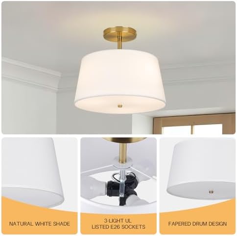 CALOKES 3-Light Gold Semi Flush Mount Ceiling Light