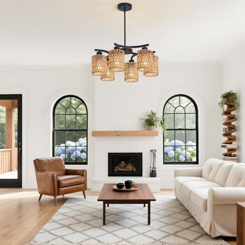 21" 6-Light Boho Rattan Chandelier