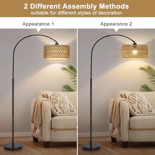 Rattan Arc Floor Lamp with Adjustable Fabric Shade