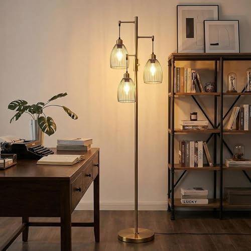 Dimmable Antique Brass Floor Lamp, 3-Light