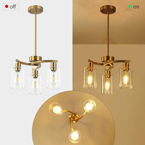 3-Light Brushed Gold Chandelier with Clear Glass Shade