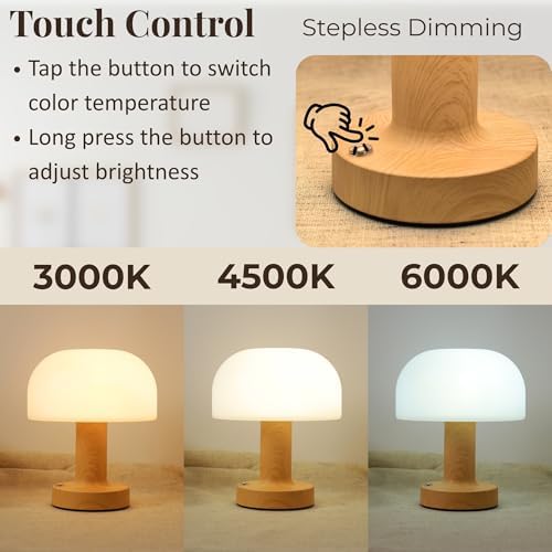 Cordless Rechargeable Mushroom Table Lamp, 3-Color Dimmable