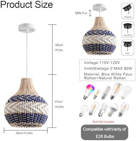 3-Pack Blue White Rattan Pendant Lights