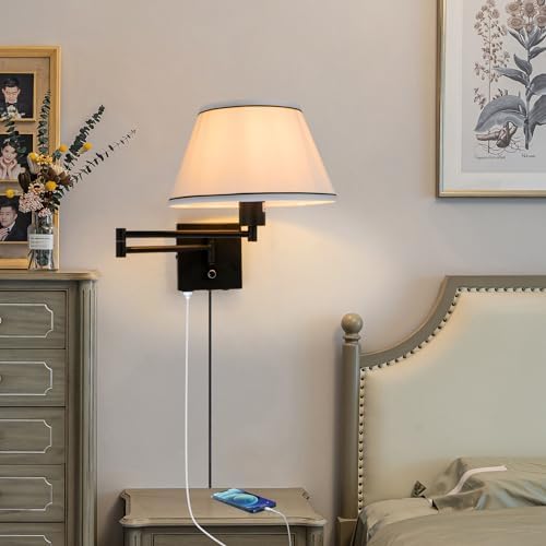17" Swing Arm Wall Lamp, White Fabric Shade