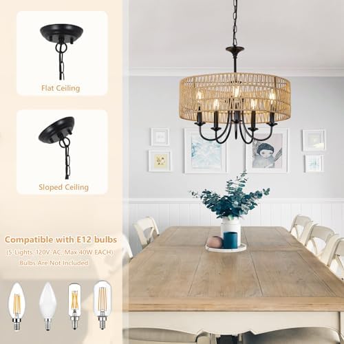 LAMSU 5-Light Black Rattan Farmhouse Chandelier