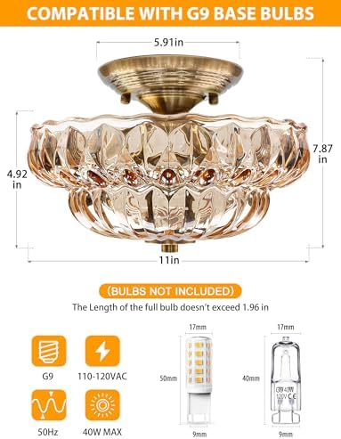 11" 3-Bulb Vintage Gold Semi Flush Mount Ceiling Light
