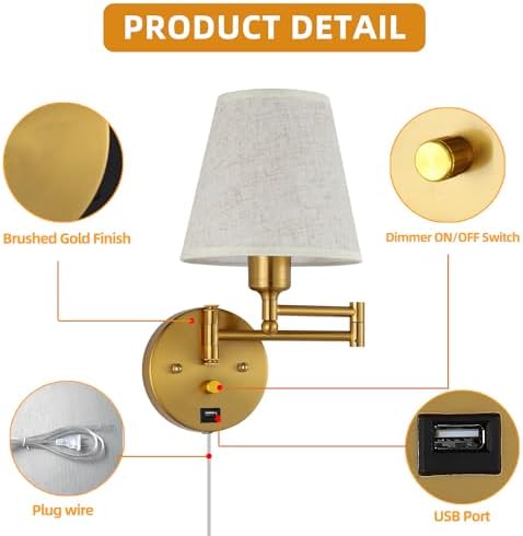 Gold Swing Arm Wall Sconce with USB