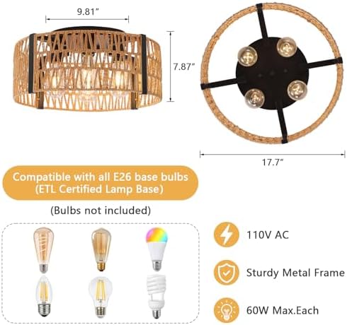 4-Light Rattan Farmhouse Flush Mount Ceiling Light, 17.7"