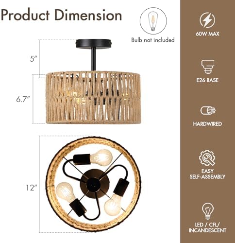 Boho Rattan Drum Semi-Flush Mount Ceiling Light