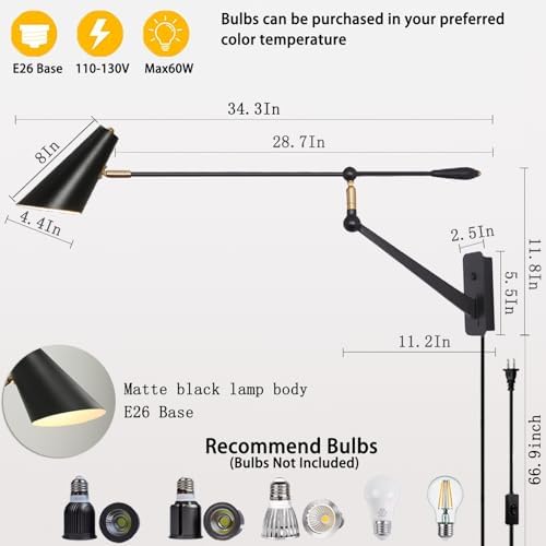 Adjustable Swing Arm Wall Lamp, E26 Base