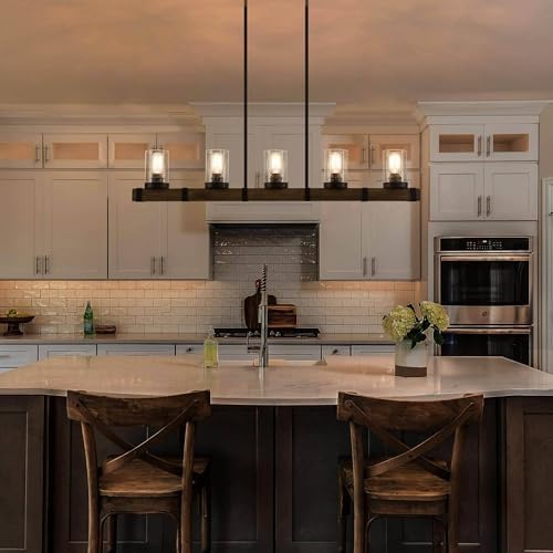 LALUZ 5-Light Kitchen Island Lighting, Farmhouse Wood Linear Dining