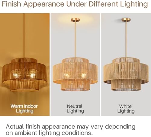 24'' Boho Rattan Chandelier, 4-Light Hand-Woven Wicker Pendant Lamp
