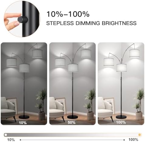 Dimmable 3-Light Black Arc Floor Lamp, Grey Linen Shades