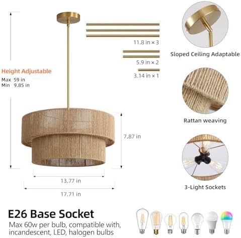 18'' Boho Rattan Chandelier Hand Woven Chandelier Light Fixture