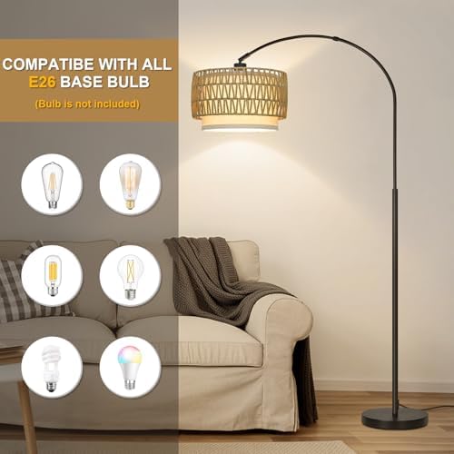 Rattan Arc Floor Lamp with Adjustable Fabric Shade