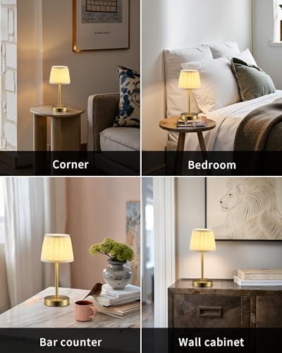 PUSU 2 Pack Gold Cordless Fabric Table Lamps
