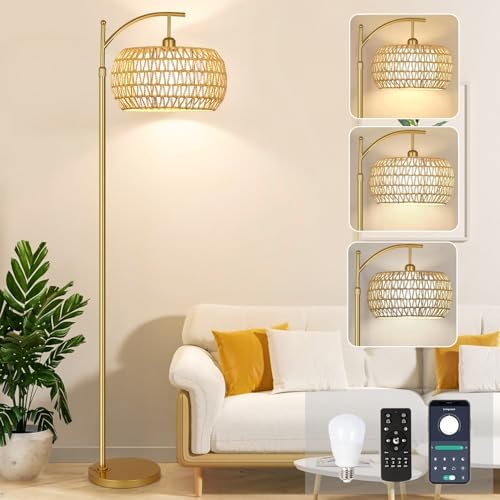 Gold Arc Floor Lamp, Rattan Shade, Remote Control
