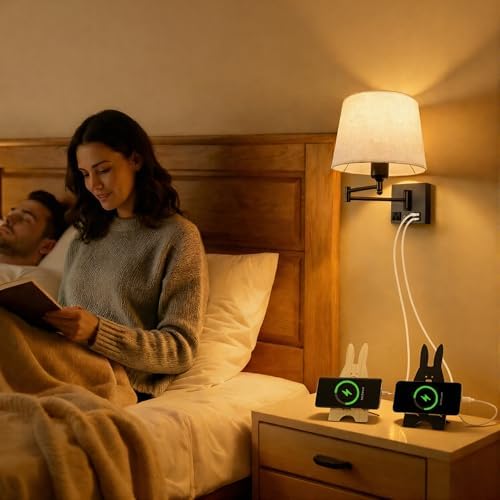 Swing Arm Wall Sconce with Linen Shade and USB Charging Ports