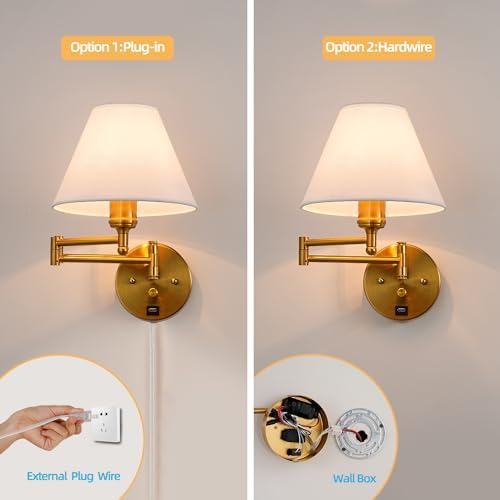 Swing Arm Plug-in Wall Sconce with White Fabric Shade, USB Port