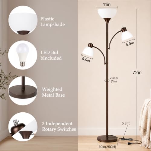3-Head Torchiere Floor Lamp with 2 Reading Lamps, Brown