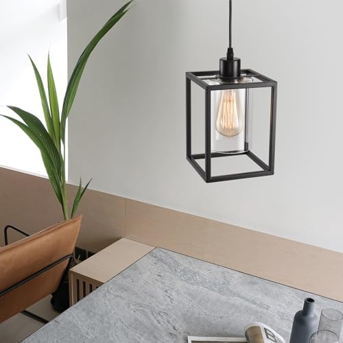 Black Industrial Pendant Light, Clear Glass Shade