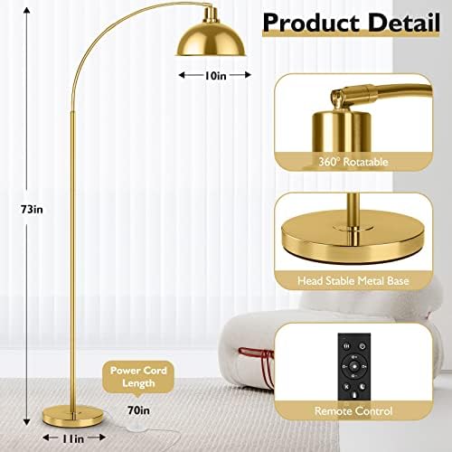 Arc Floor Lamp with Remote Control, Dimmable, Gold