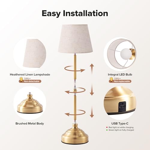 2 Pack Brushed Gold Cordless Table Lamps, 3 Colors