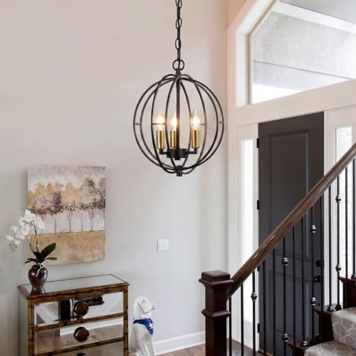 3-Light Farmhouse Chandelier, Black Metal Globe Pendant Light