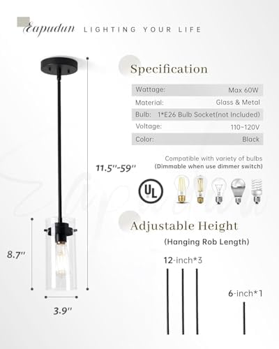 EAPUDUN Industrial Pendant Light, Clear Glass Shade, E26 Base