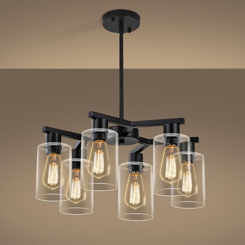 6-Light Black Farmhouse Chandelier, Clear Glass Shade