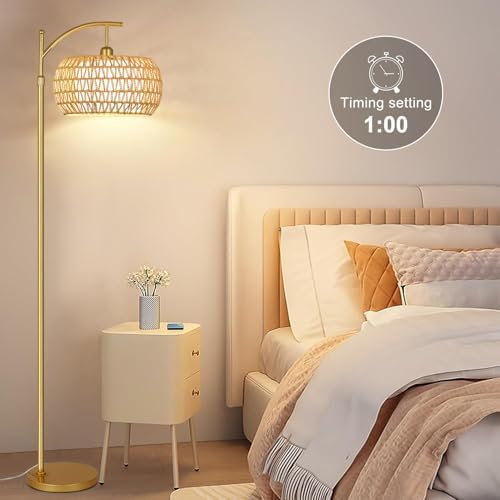 Gold Arc Floor Lamp, Rattan Shade, Remote Control
