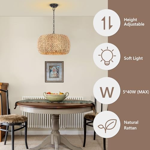 PAUFUL 5-Light Boho Chandelier with Water Hyacinth Lampshade