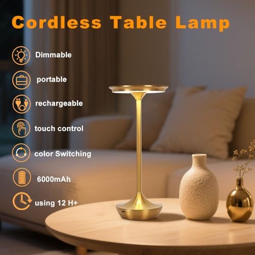 2 Pack LED Rechargeable Cordless Table Lamps, 6000mAh, Gold