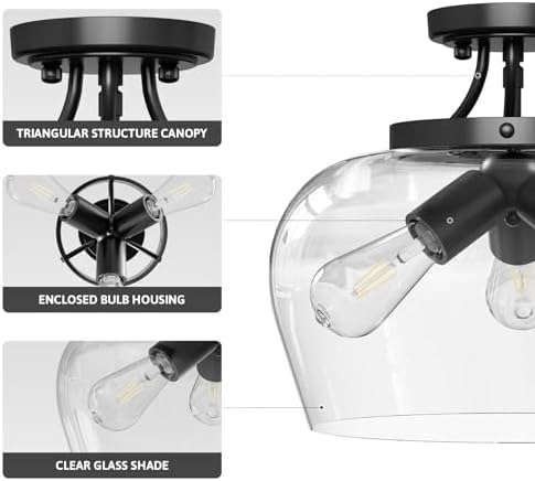 VONLUCE Semi Flush Mount Ceiling Light, Clear Glass Shade