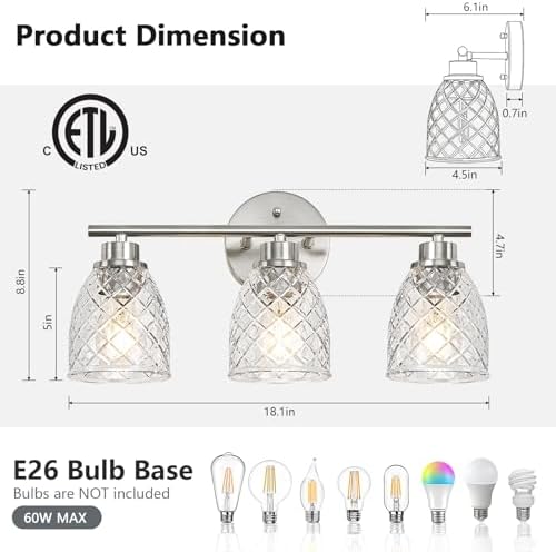 3-Light Bathroom Light Fixtures, Brushed Nickel Vanity Lights Over