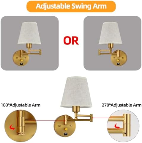 Gold Swing Arm Wall Sconce with USB