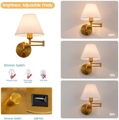 Swing Arm Plug-in Wall Sconce with White Fabric Shade, USB Port