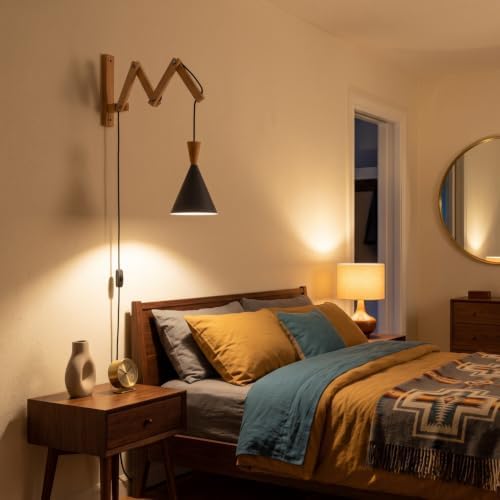 Wooden Scissor Swing Arm Plug-in Wall Sconce, Black