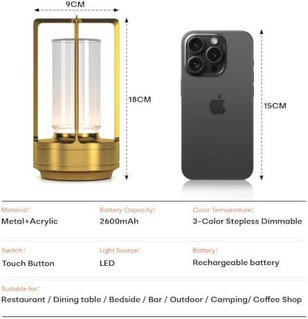 Portable Metal Table Lamp, Rechargeable Cordless, 3 Colors