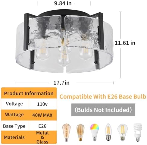 Black 17.7-Inch Glass Drum Semi Flush Mount Ceiling Light