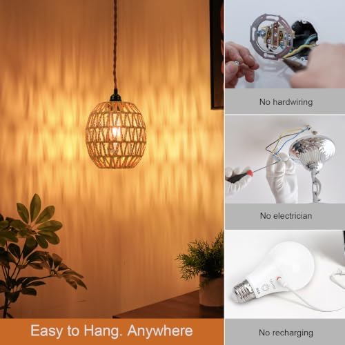 FRIDEKO HOME Rattan Plug-in Pendant Light, 15ft Cord