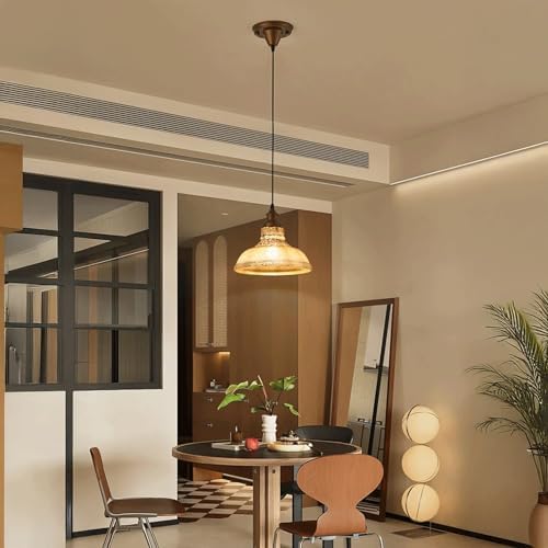Retro Industrial Metal and Amber Glass Pendant Light