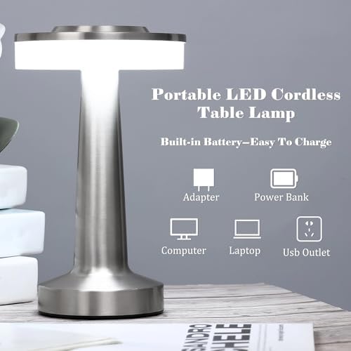 Riakrum 2 Pcs LED Cordless Rechargeable Table Lamps, Silver