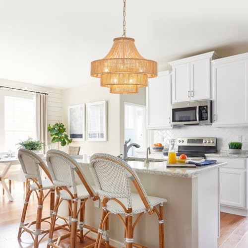 6-Light Wood Beaded Rattan Chandelier, 20-Inch