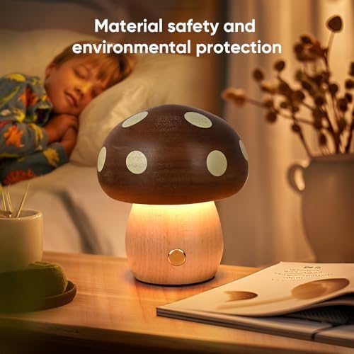 Wood Mushroom Lamp, Rechargeable Small Bedside Lamp