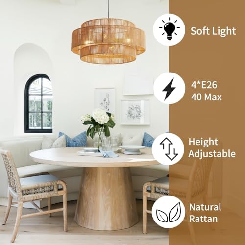 3-Tier Large Rattan Chandelier, 23.6in