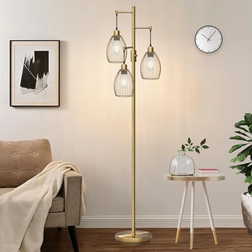 Dimmable Floor Lamp, 3 x 800LM LED Bulbs, Brass