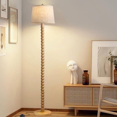 Real Wood Floor Lamp with Linen Shade, 3-Color Bulb