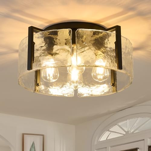Black 17.7-Inch Glass Drum Semi Flush Mount Ceiling Light