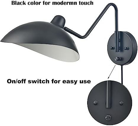 Black Plug in Wall Light with On/Off Switch Set of 2 Swing Arm